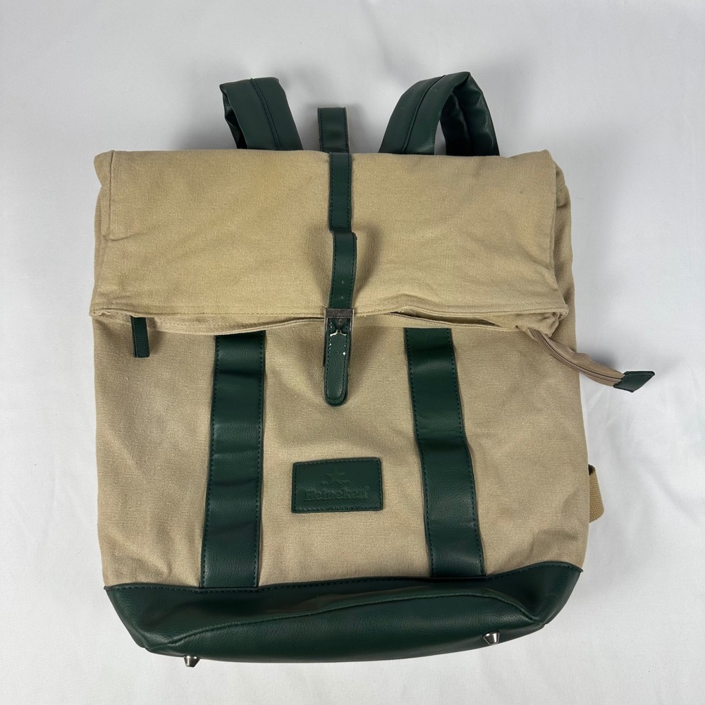 Heineken Beer Backpack Men OS Tan Green Canvas Faux Leather Fold Over Buckle Bag
